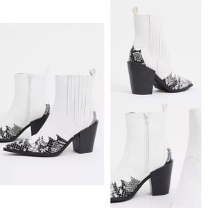 Truffle Collection Western Snakeskin Stacked Heel Pointed Toe White Ankle Boots